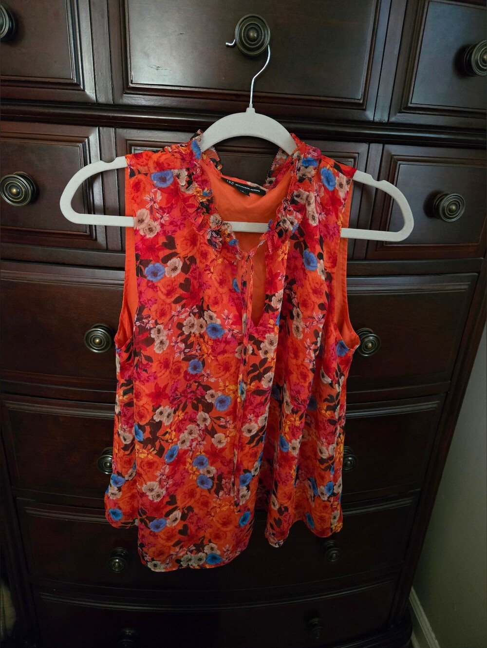 INC International Concepts Orange Floral Tie-Neck Sleeveless Blouse